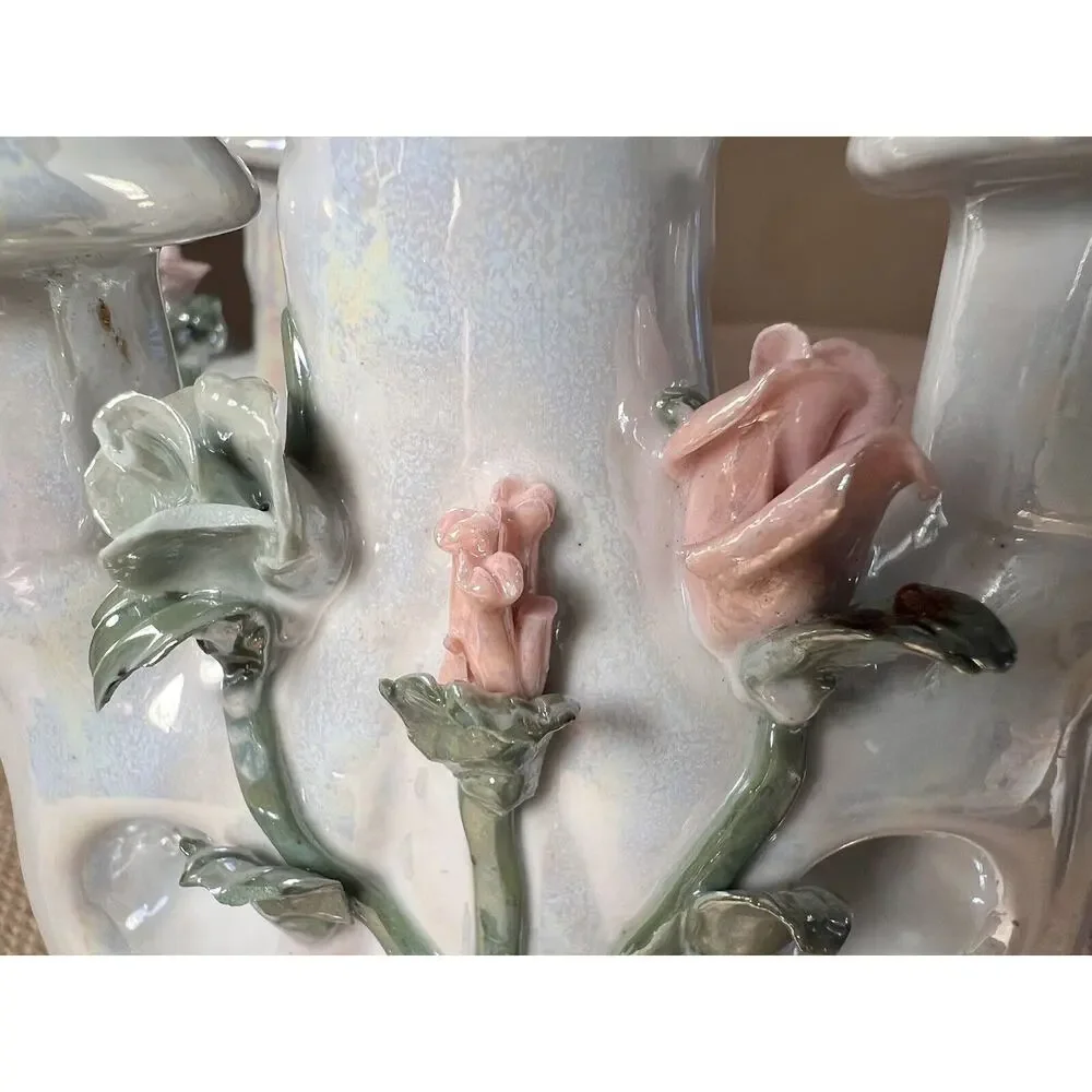 Lusterware Mid Century Opalescent Porcelain Rose Candelabra--Set of 2--Vintage